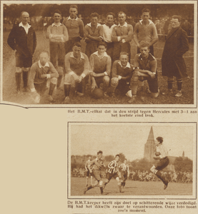 871447 Collage van 2 foto's betreffende de voetbalwedstrijd tussen Hercules (Utrecht) en B.M.T., op het ...